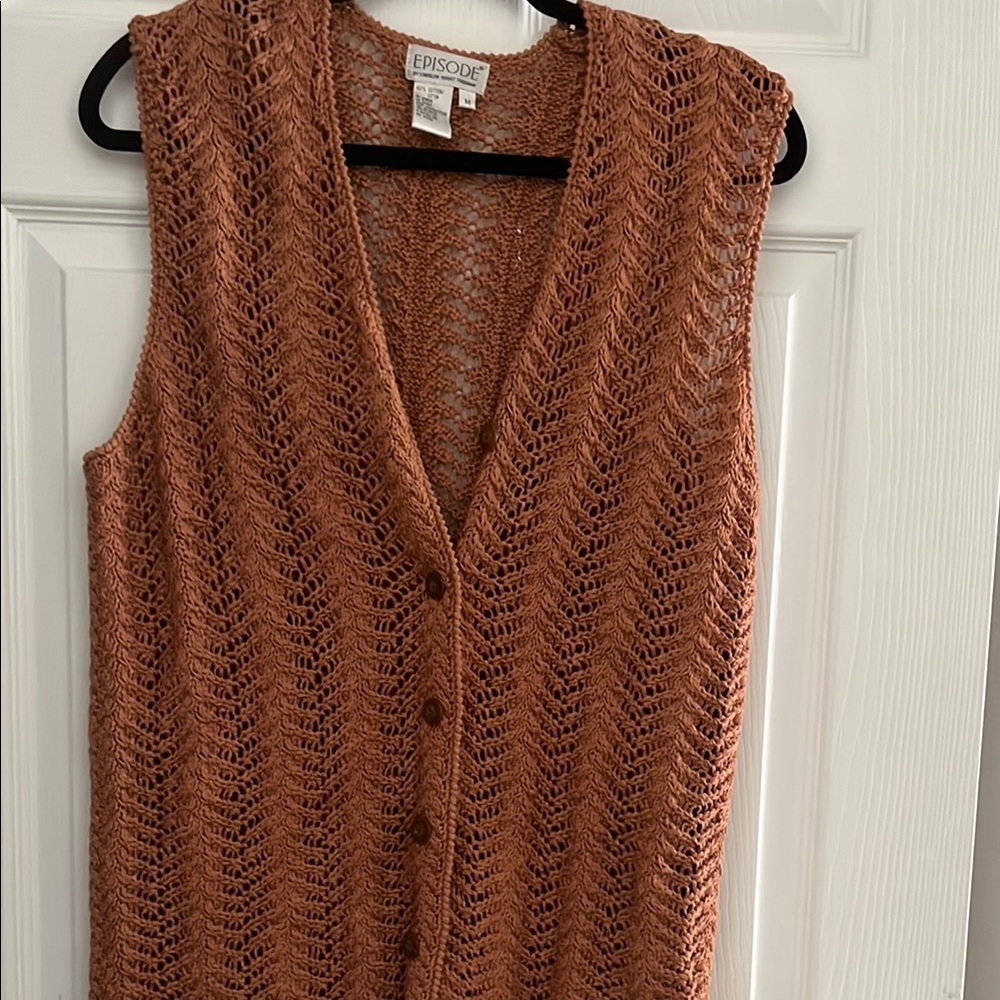 Brown Knit Cardigan Sweater with Chevron Pattern